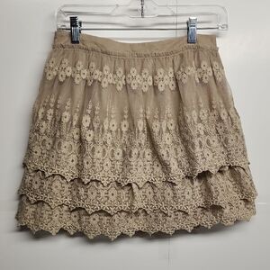 Garnet Hill Lace Tiered Beautiful Mini Skirt-Beige Sz2 Made In India 100% Cotton